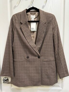 H&M Double Breasted Houndstooth Blazer Brown Taupe XS NWT